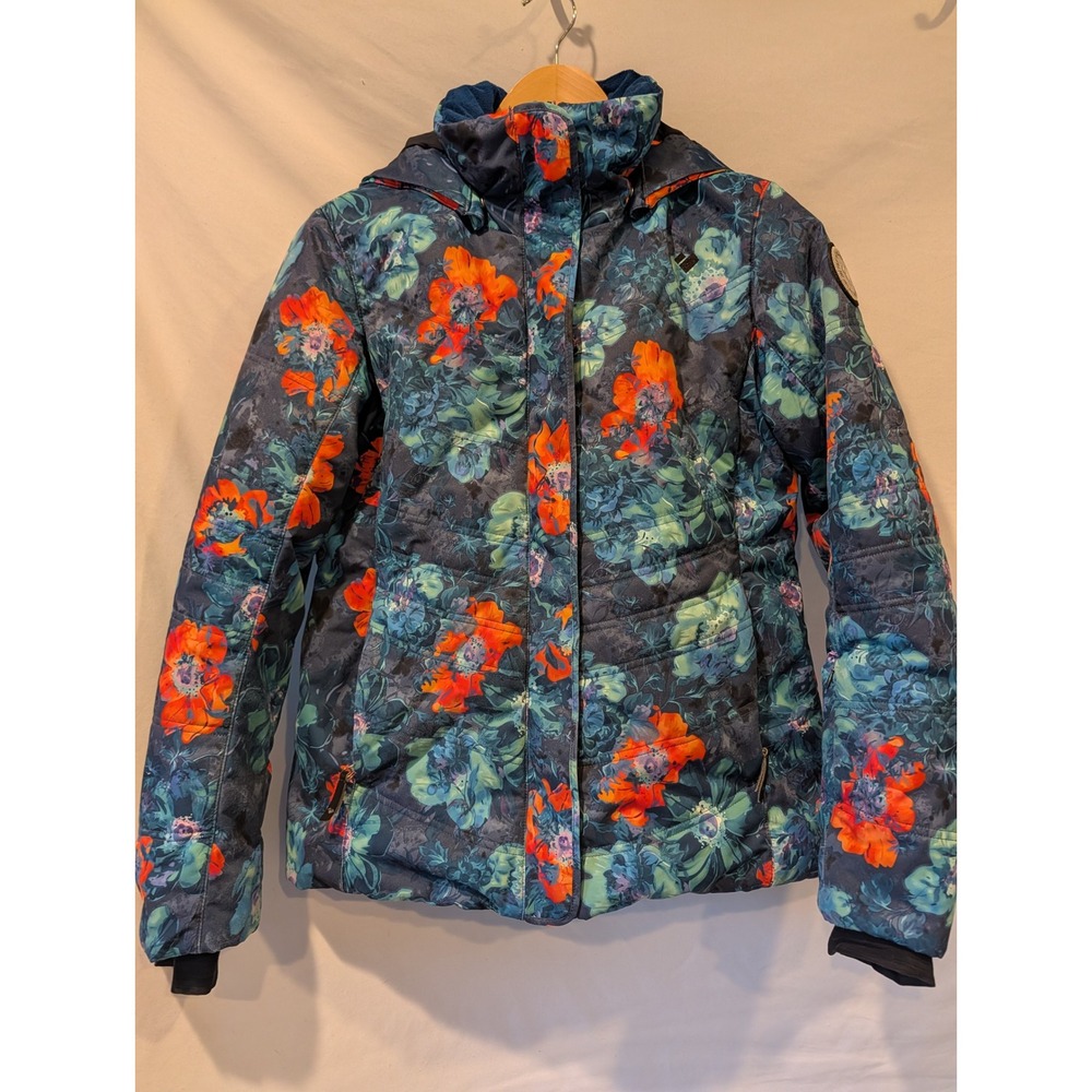 Obermeyer Women Floral Print Ski Jacket Blue Orange Insulated Hooded Coat Size 8